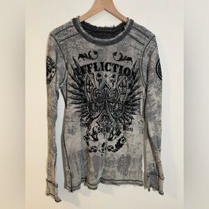 Affliction Thermal Long Sleeve Shirt Graphic Reversible Live Fast Gray Medium